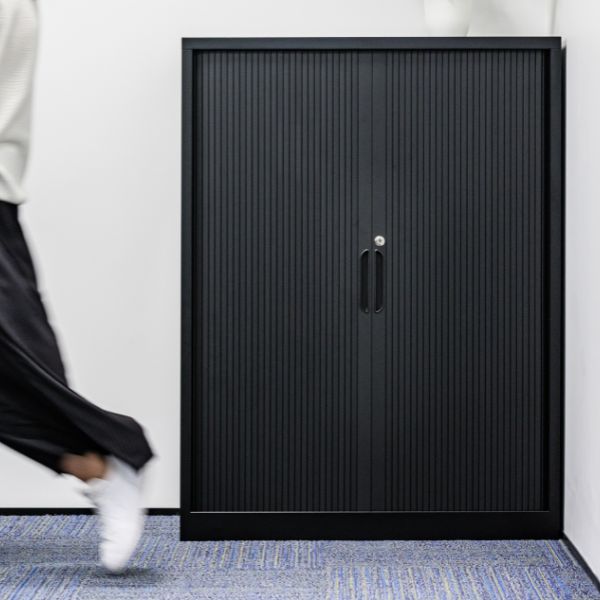 Meeting room with credenza, display screen, and chairs