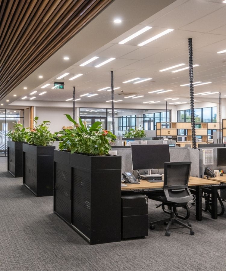 Stylish workspace with workstation pods and meeting seats