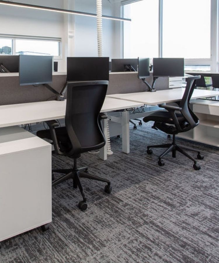 Team workstation cluster with divider screens and chairs