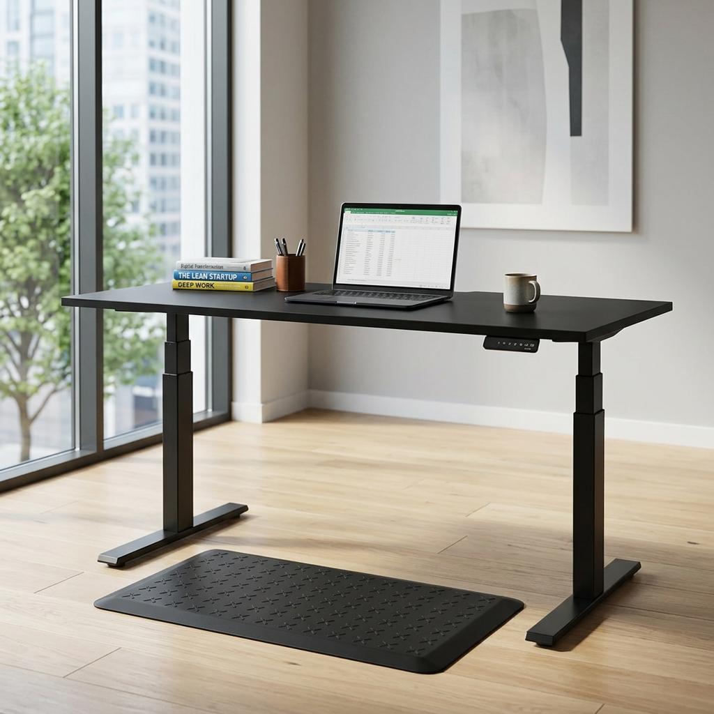 A black height-adjustable standing desk in a bright home office setting, with a laptop, books, a cup, and a black floor mat on a light wood floor.