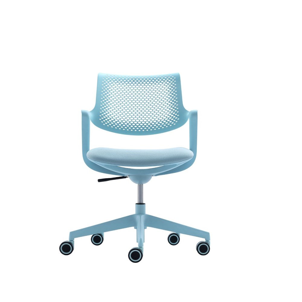 Light blue office chair with a perforated plastic backrest, cushioned seat, and five-wheel base.