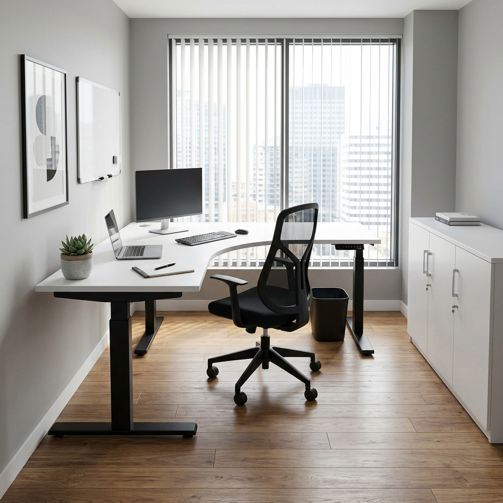Modern office setup with a desk, chair, and computer in a room with large windows.