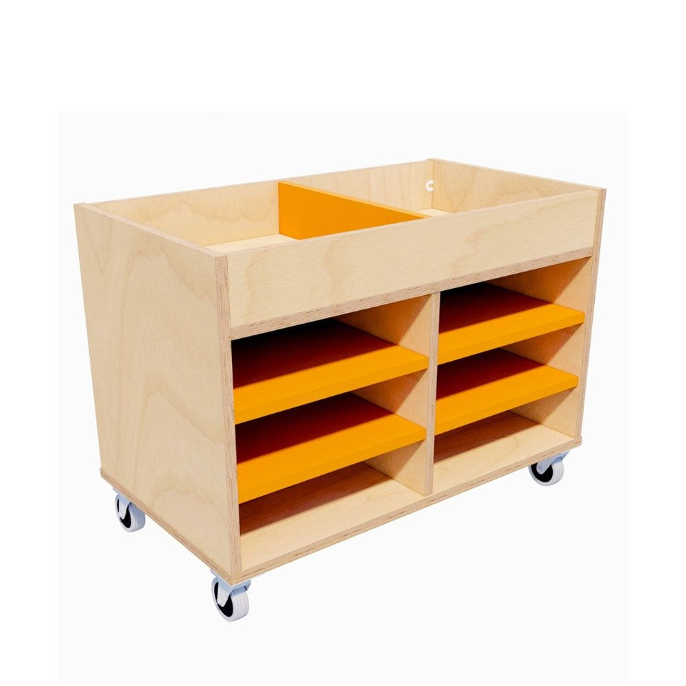 Mobile wooden storage trolley with open cubby compartments and bright orange adjustable shelves.