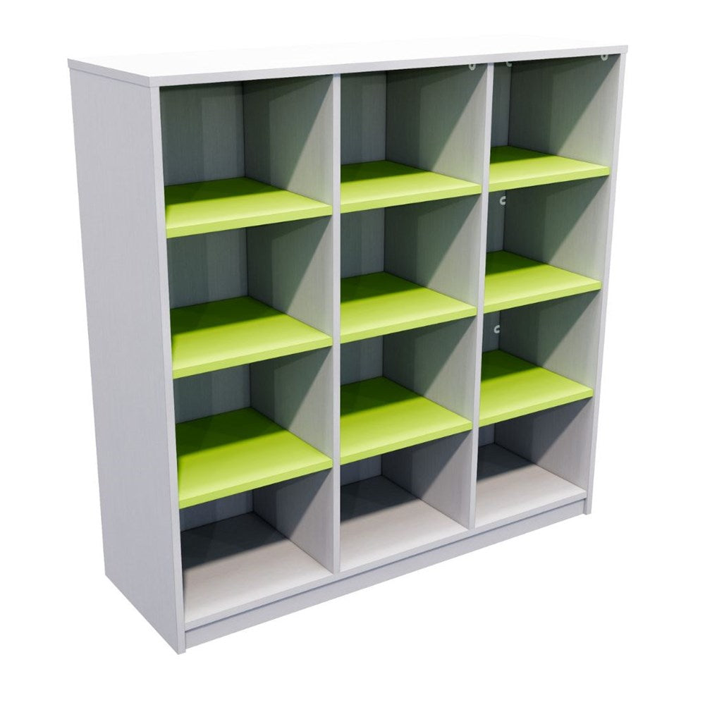 Bookshelf with green shelves