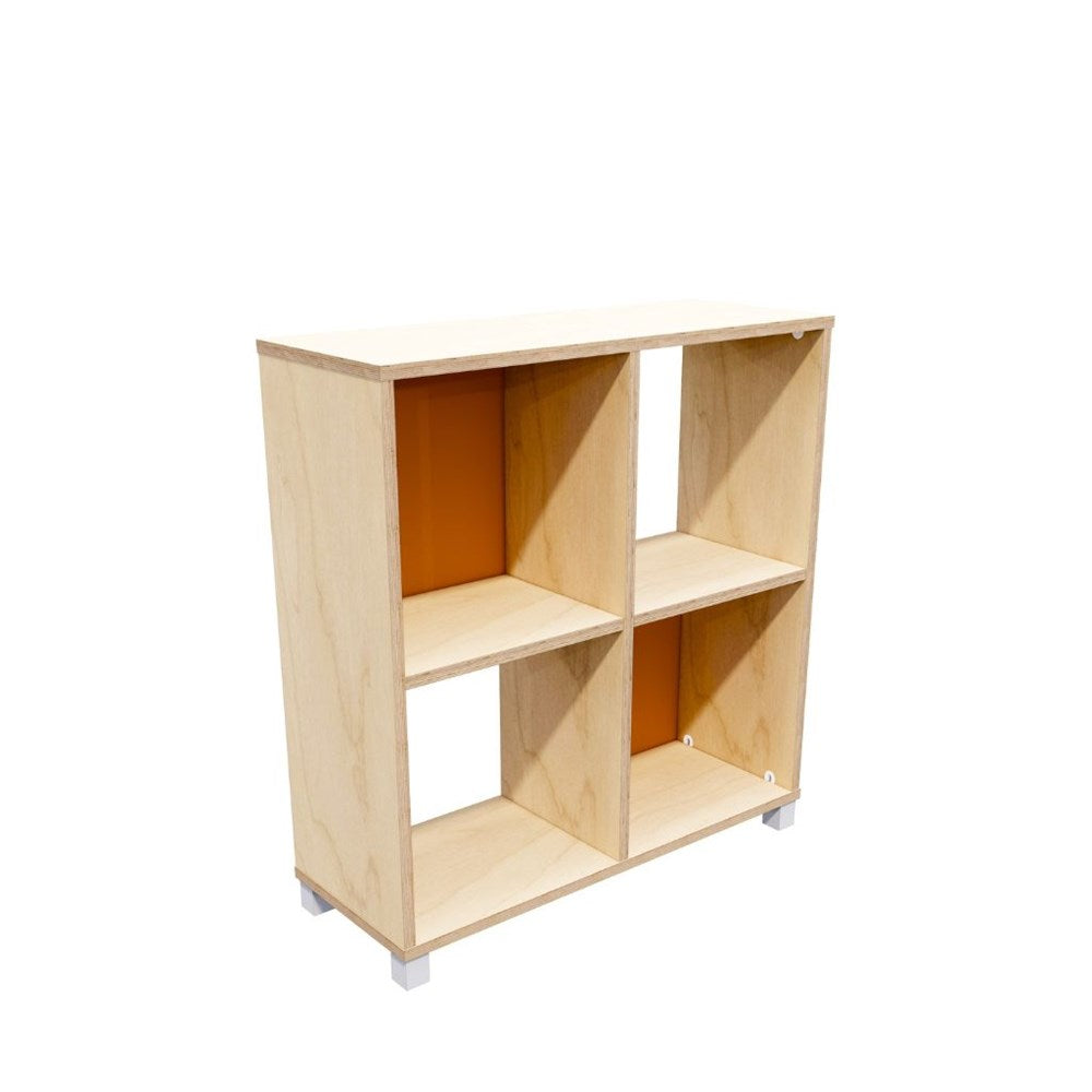 Wooden bookshelf with four shelves on a white background
