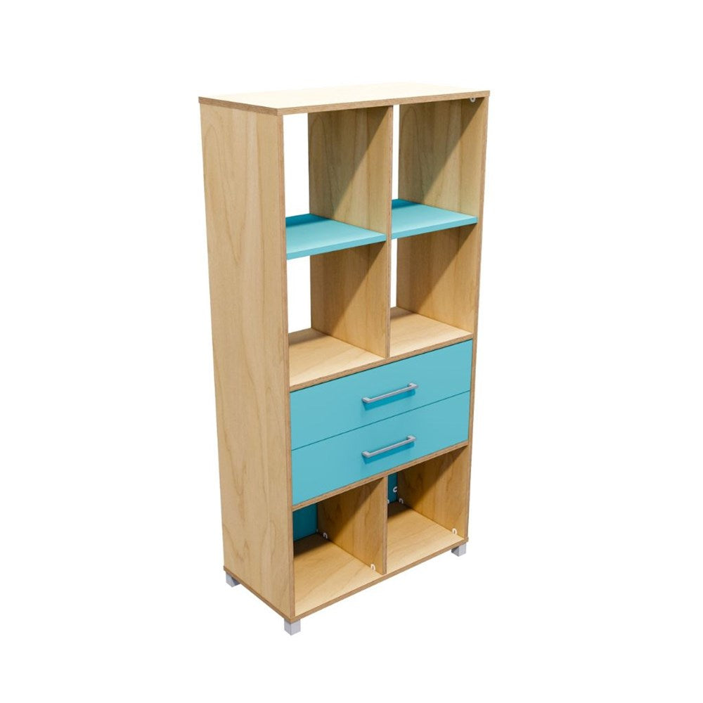 Wooden shelf with blue drawers and shelves on a white background