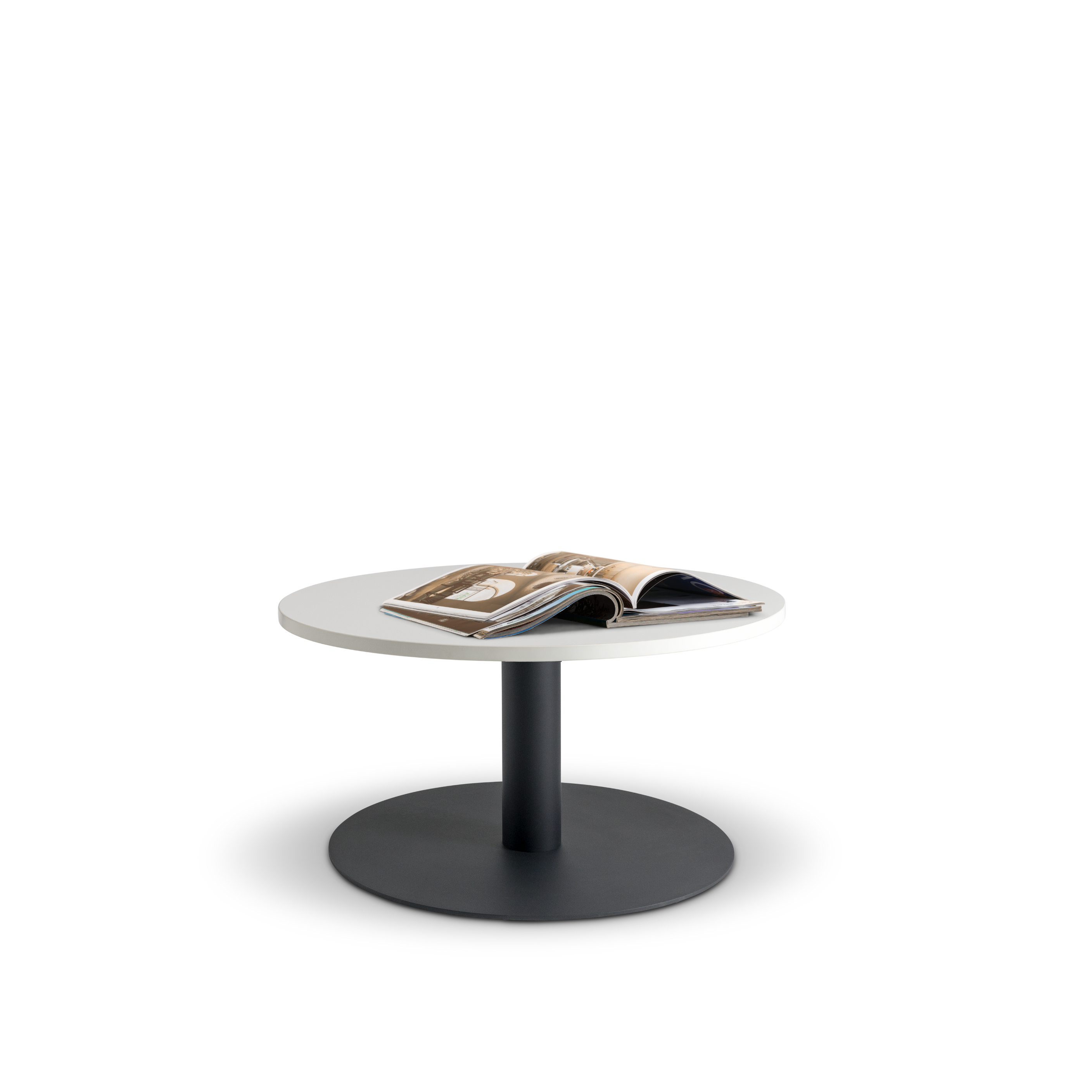 small round coffee table with black base and white top