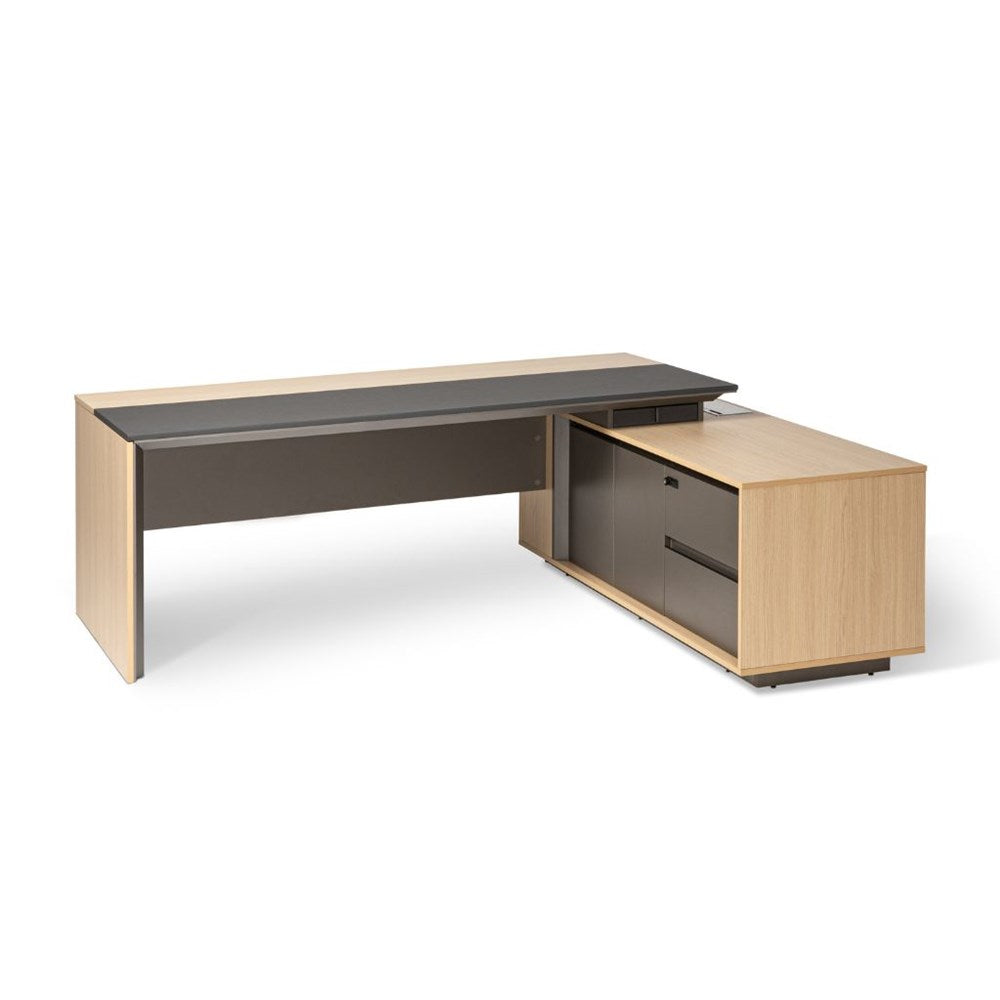 Modern L-shaped desk with a dark top and light wood sides