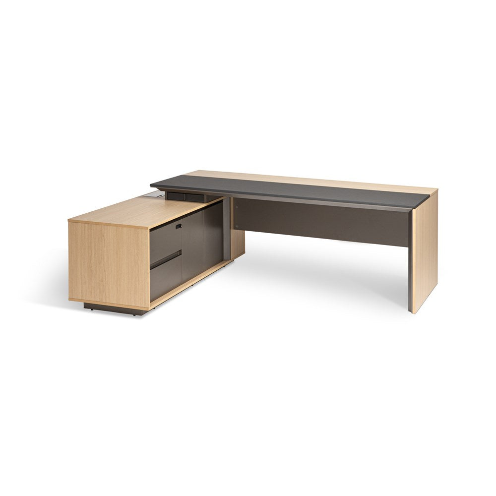 Modern L-shaped desk with a light wood finish