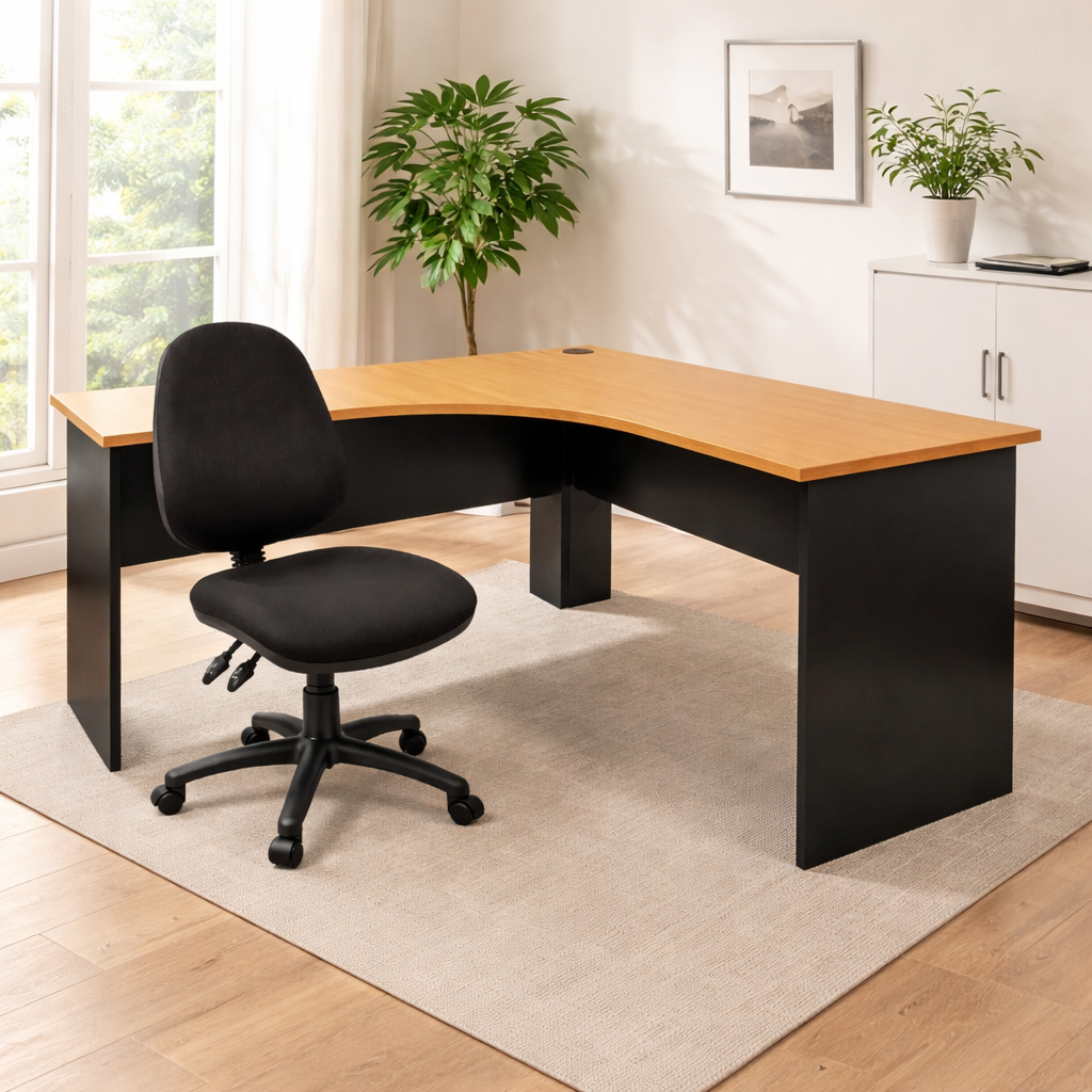 Corner office desk with black chair in a bright room with plants and a window.