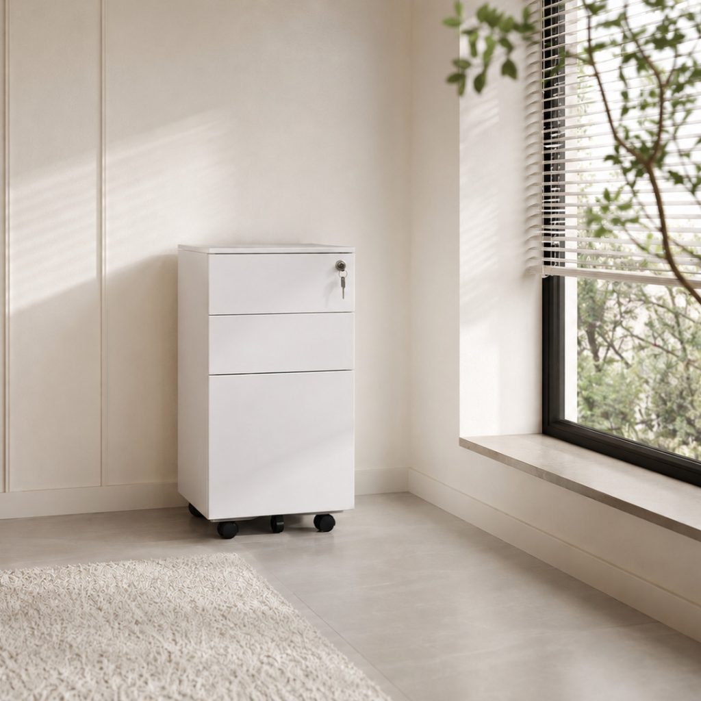 A white three-drawer rolling storage cabinet with a lock and keyhole, placed in a bright, modern room next to a window with blinds.