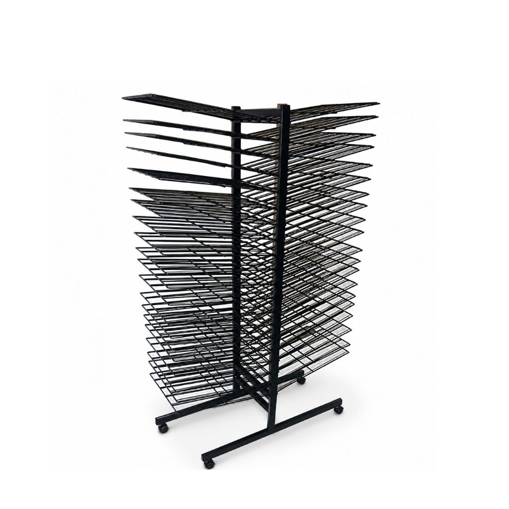 Black wire display rack on a white background
