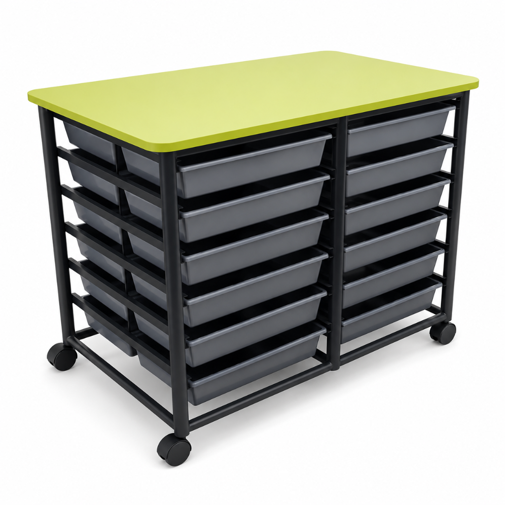 Storage cart with green top and gray drawers on a white background