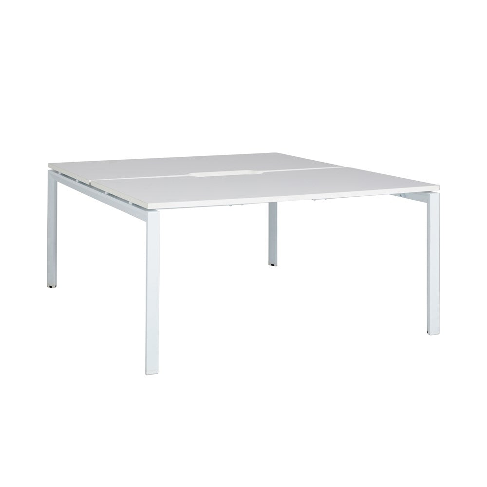 Large white office workstation table with square frame base and central cable management slot.