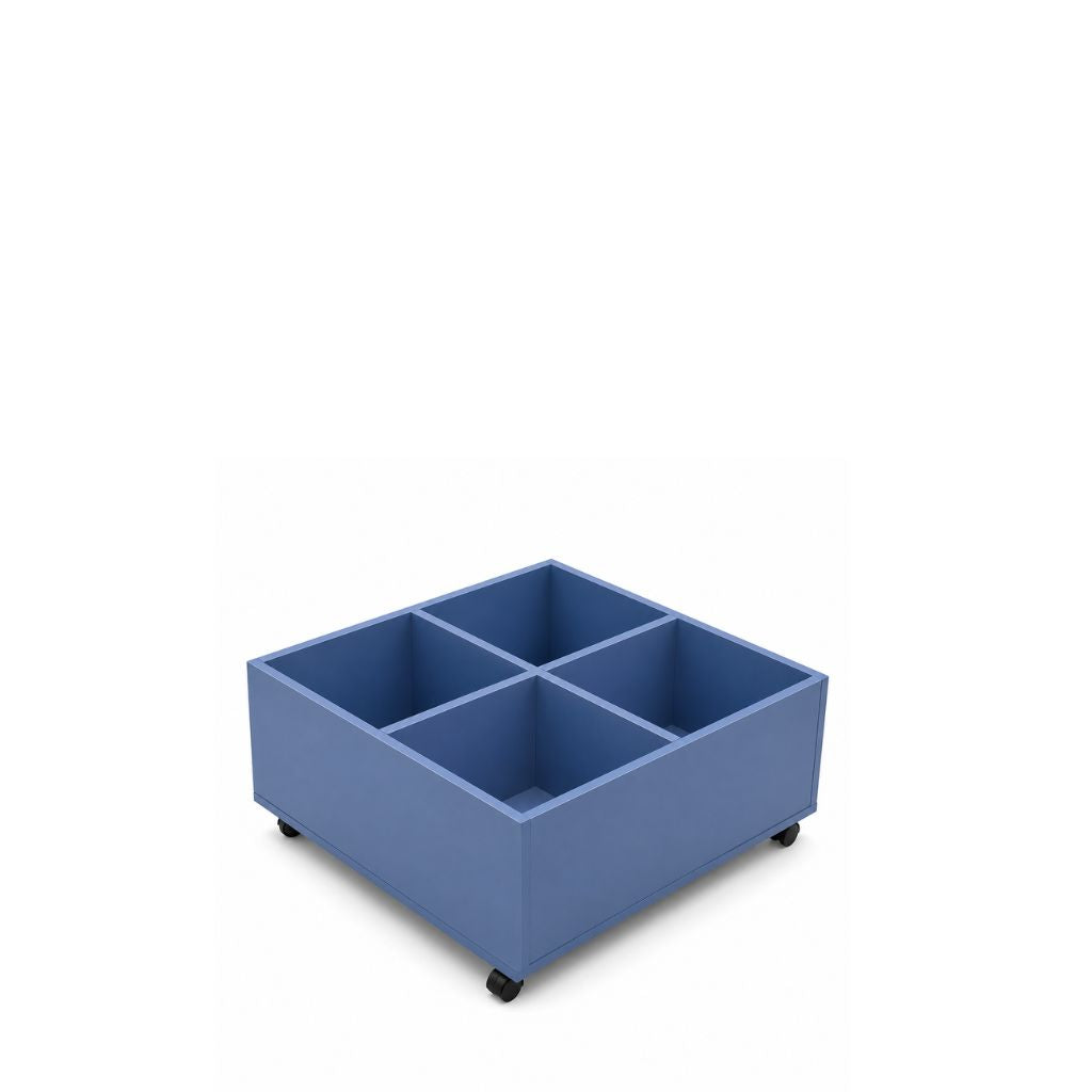 Blue storage unit with four compartments on a white background