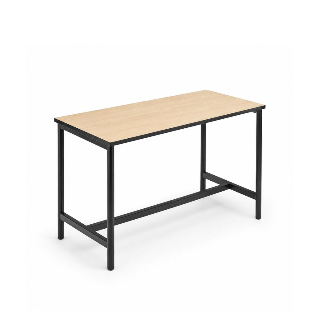 A rectangular student leaner table with a light beige wood-grain tabletop and a black metal frame.