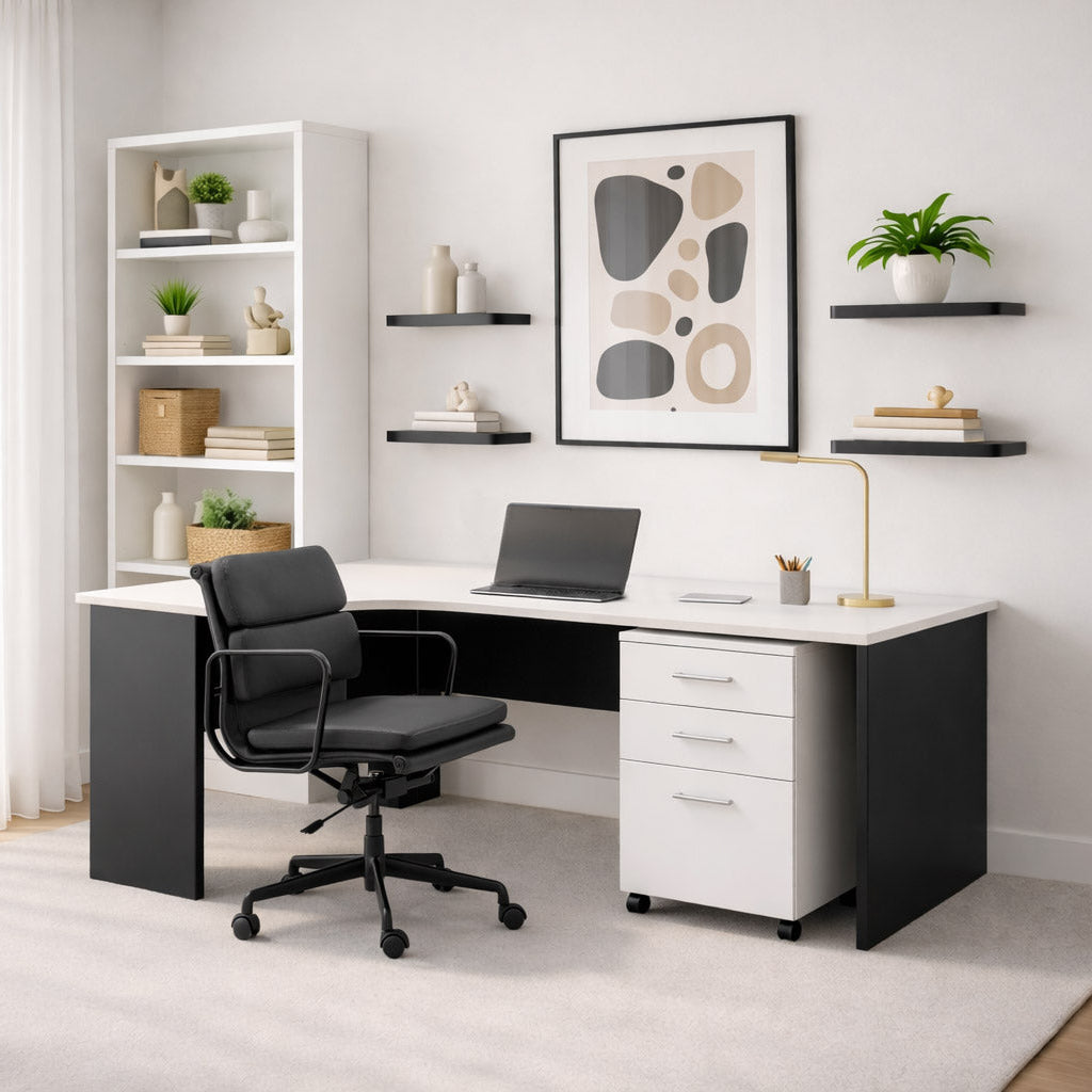 Modern office desk setup with a chair, shelves, and decor in a bright room.