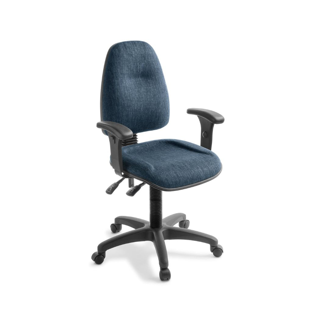 Blue office chair with black base and contoured seat