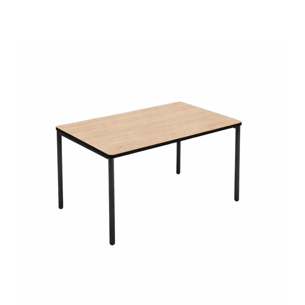 A rectangular table with a light natural wood grain top and a black metal frame with four legs, shown on a plain white background.