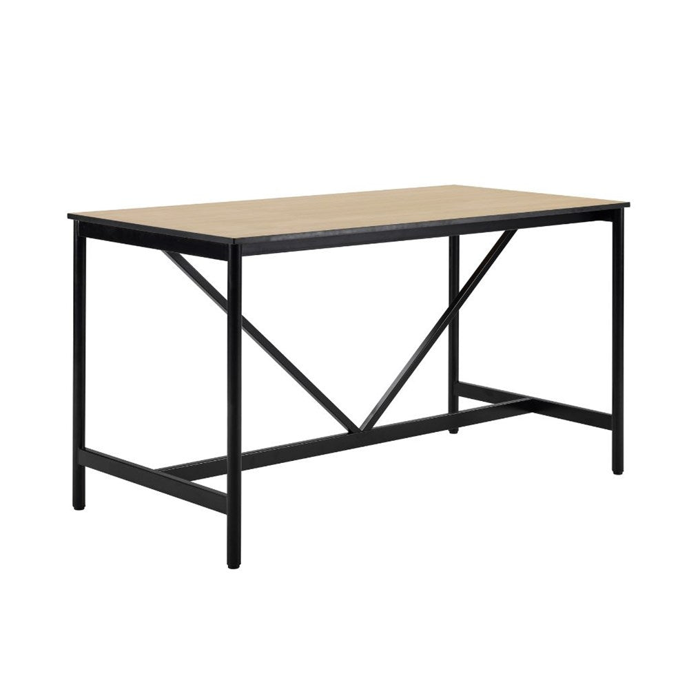 A rectangular workbench with a light beige wood-grain top and a black metal frame featuring an X-brace support design.