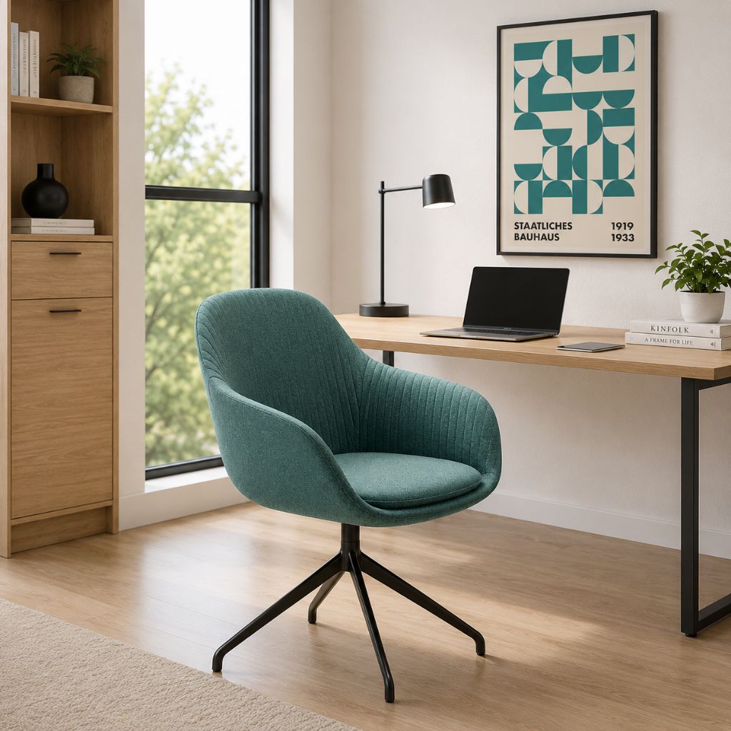 A modern teal upholstered swivel chair with a black metal star base in a bright home office setting next to a wooden desk and window.