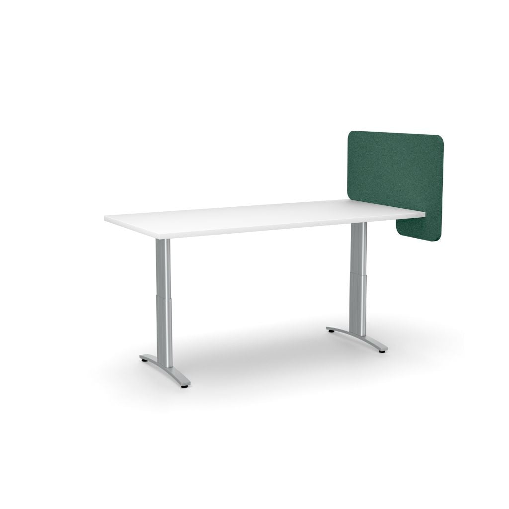 White office desk with a green privacy panel