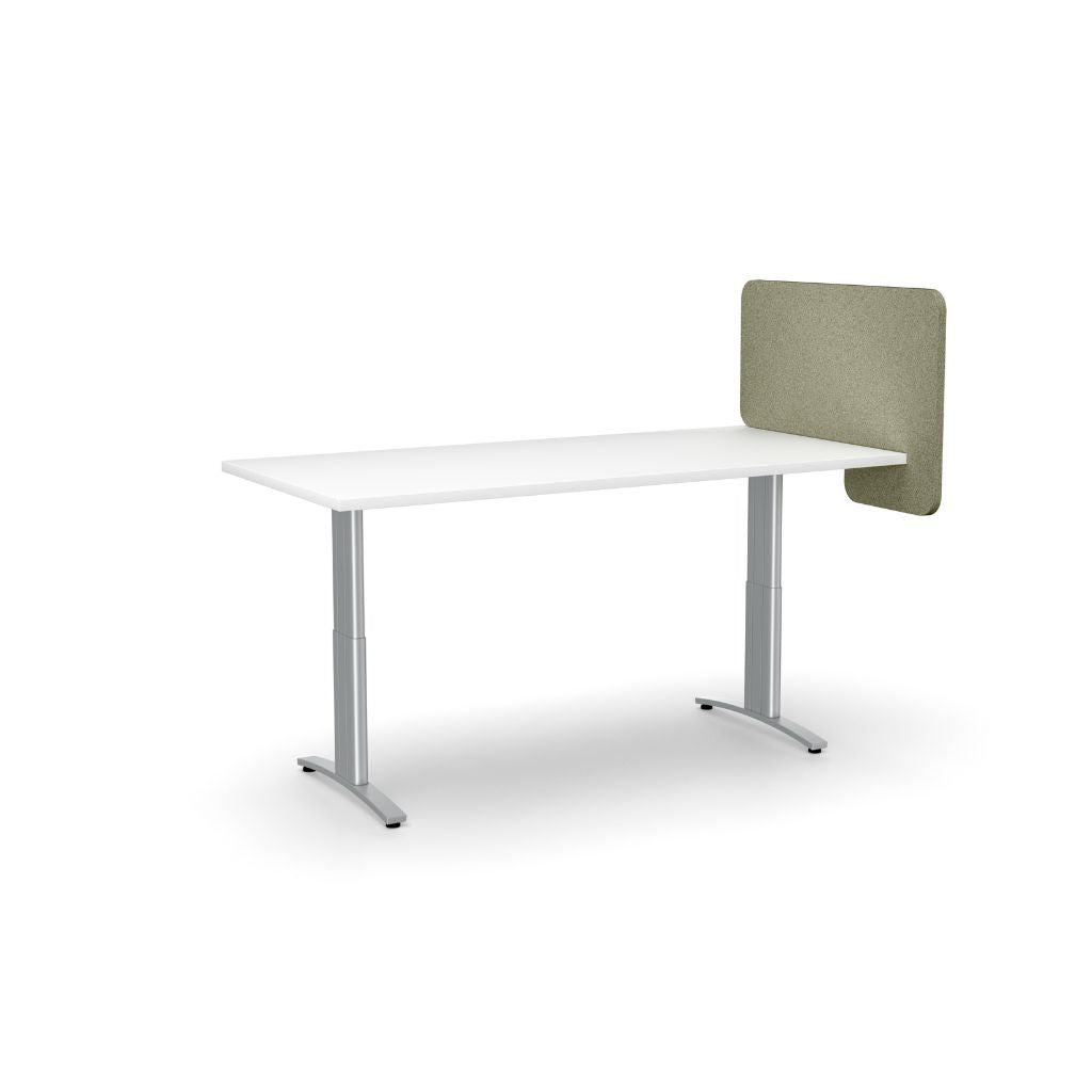 White office desk with a green privacy panel