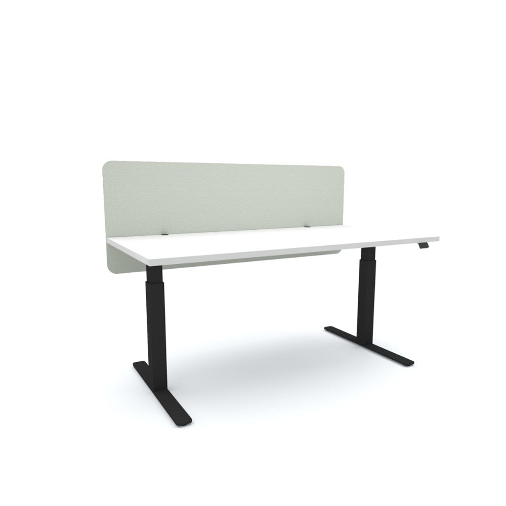 White desk with a black frame with pale green screen