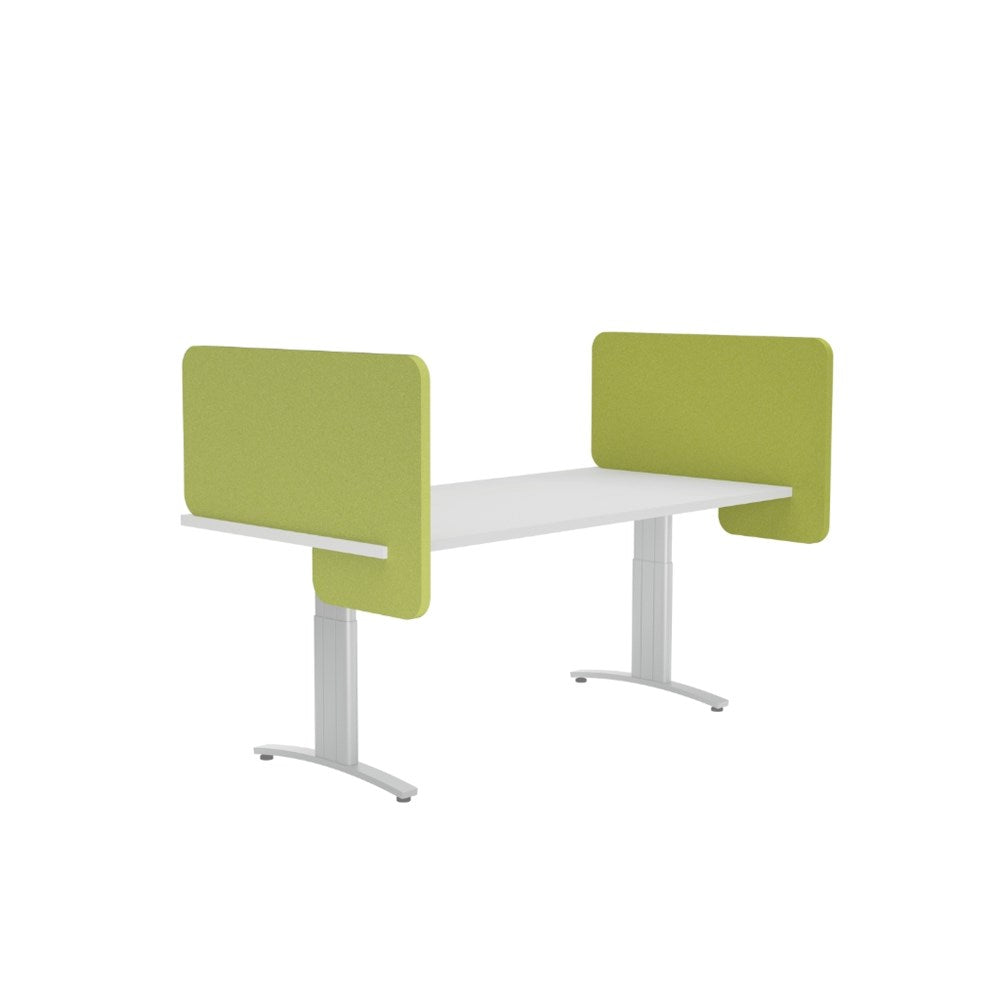 White desk with green partition panels