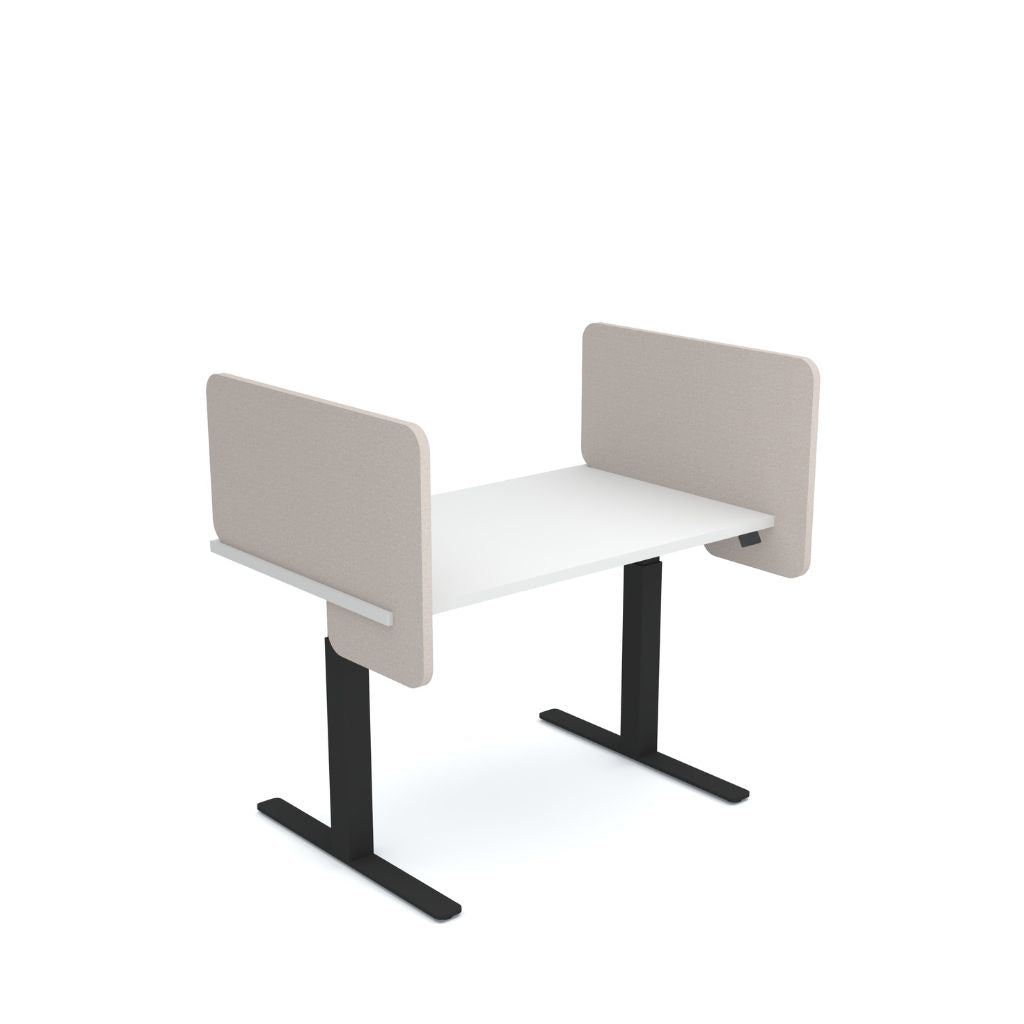 White desk with black legs and grey privacy panels