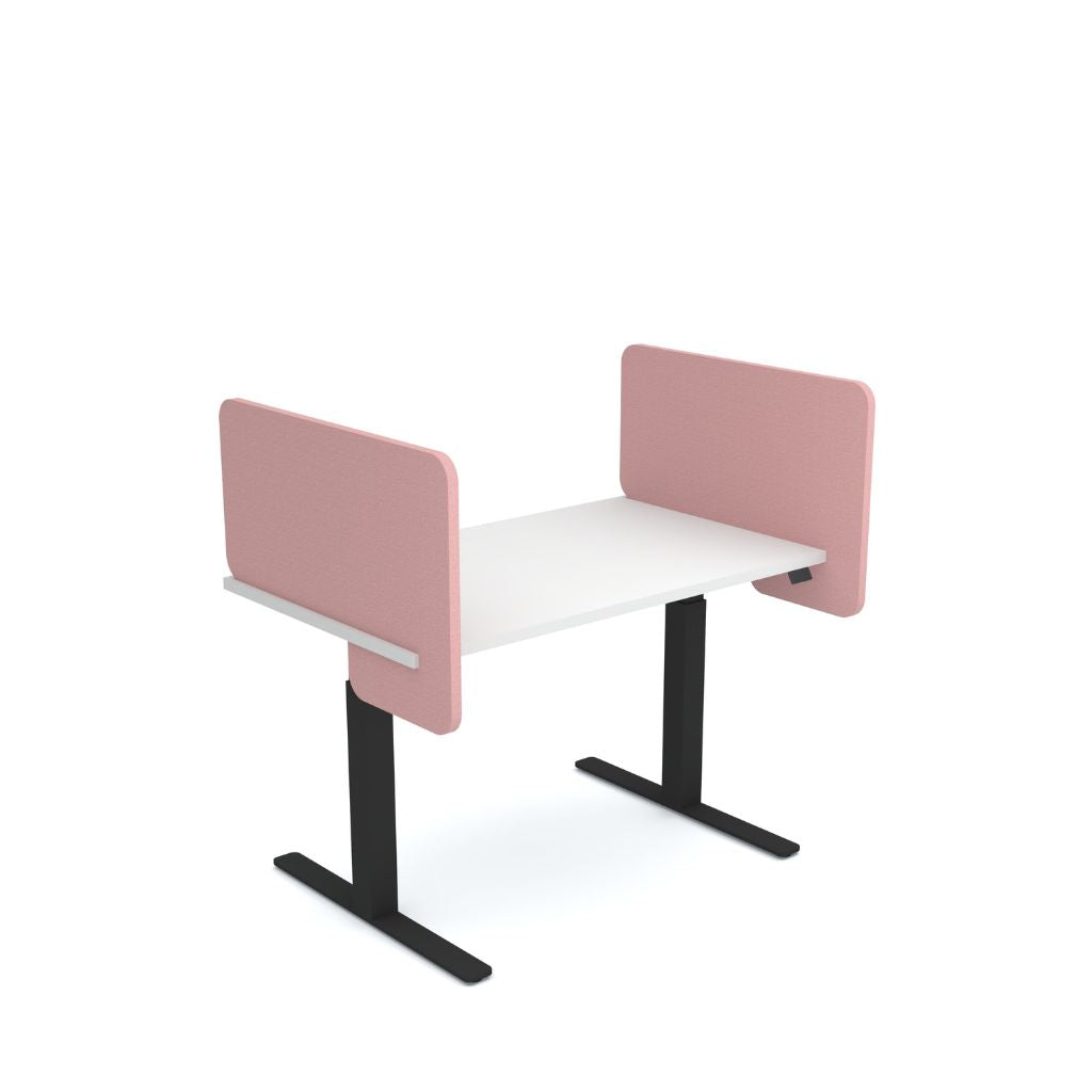 White desk with pink partition screens