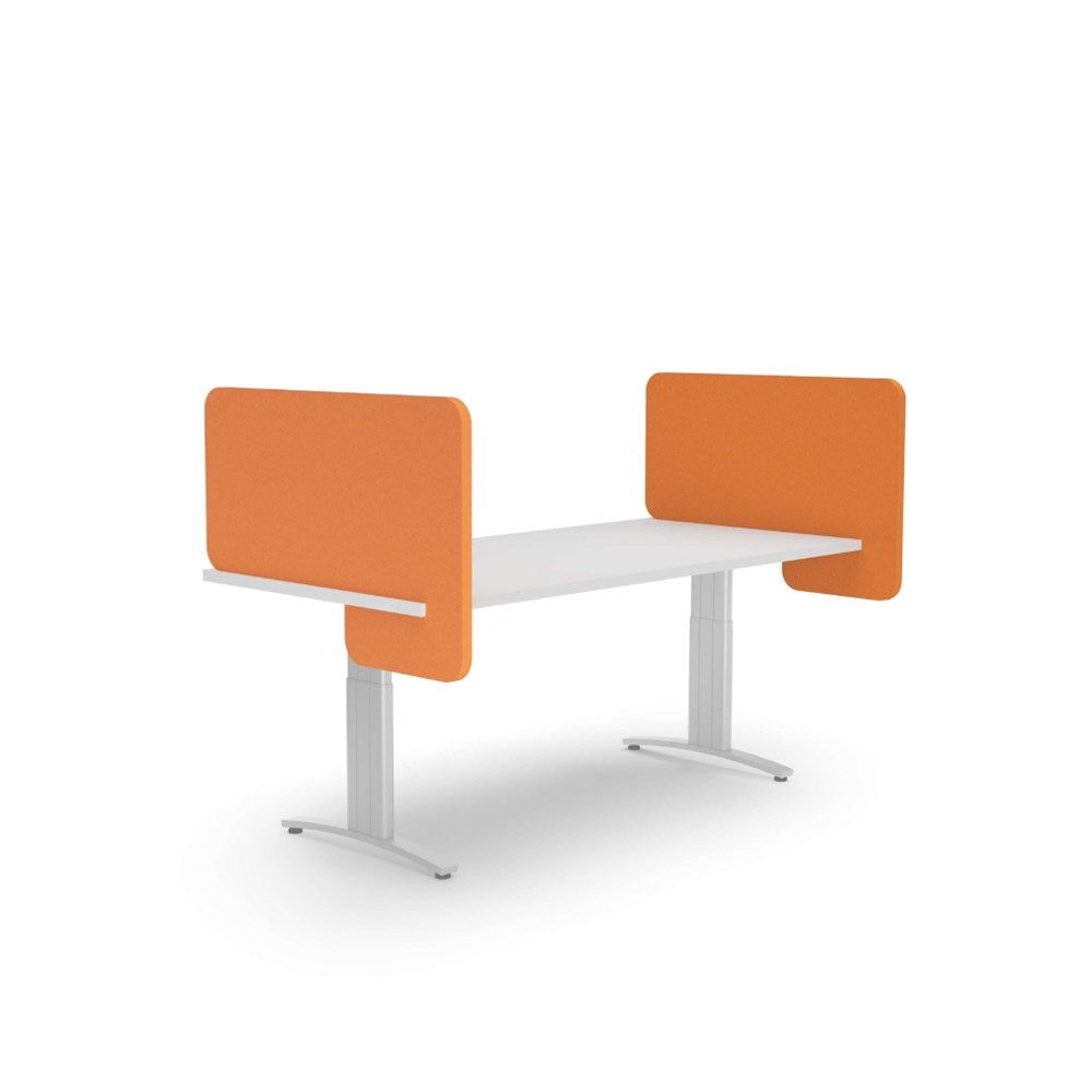White office desk with orange partition panels