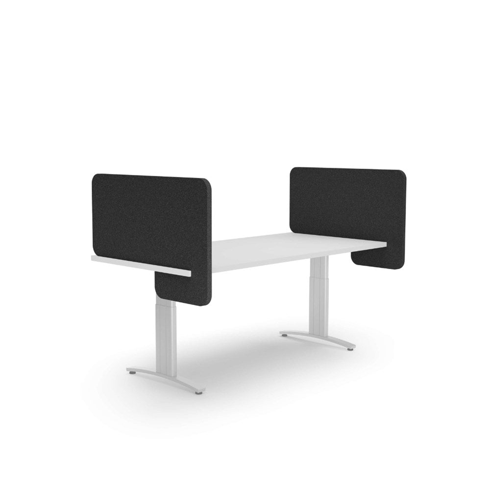 White office desk with black privacy panels