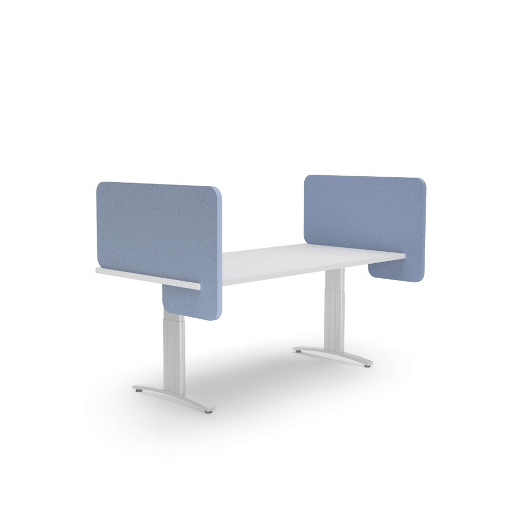 White desk with blue privacy panels