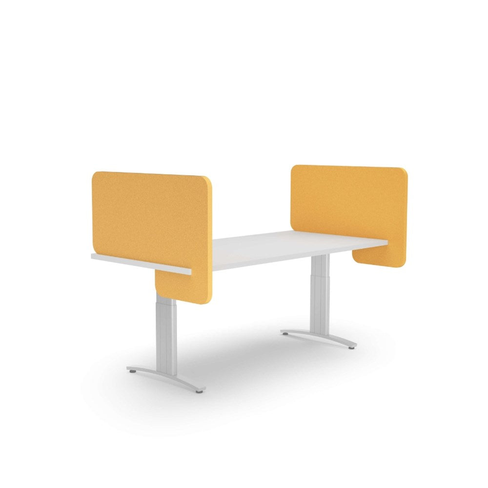 White office desk with yellow partition panels