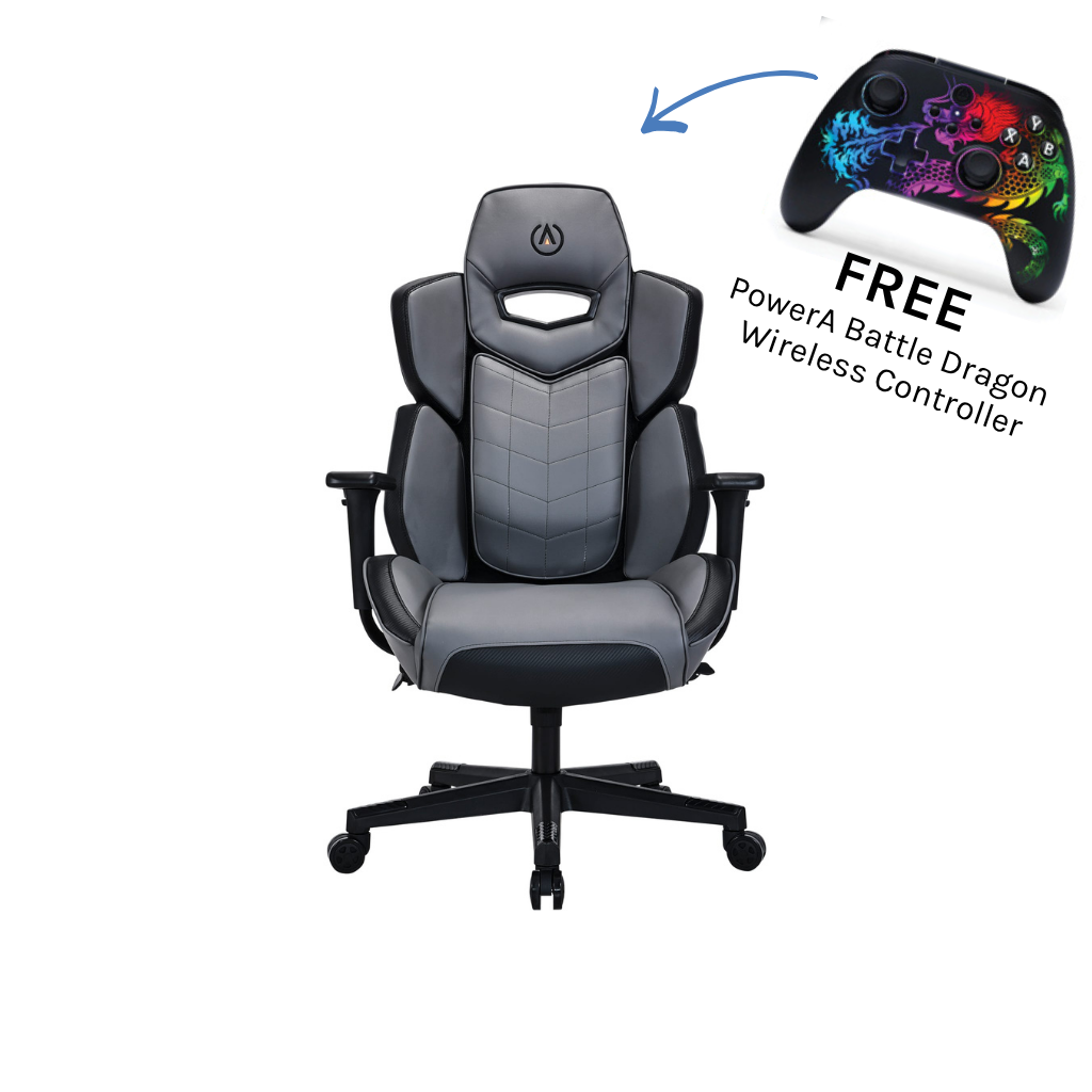 Gaming chair with a free PowerA Battle Dragon wireless controller on a white background