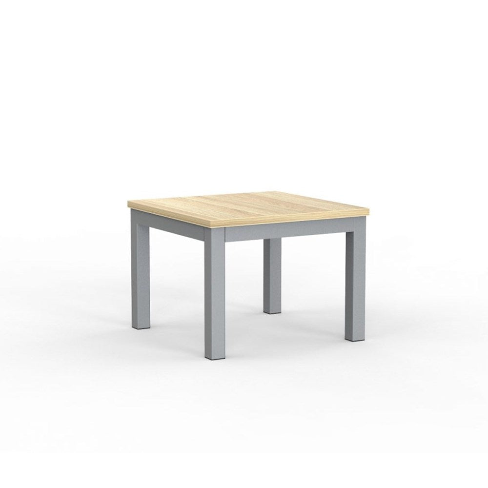 A square coffee table with a melamine top and white steel legs