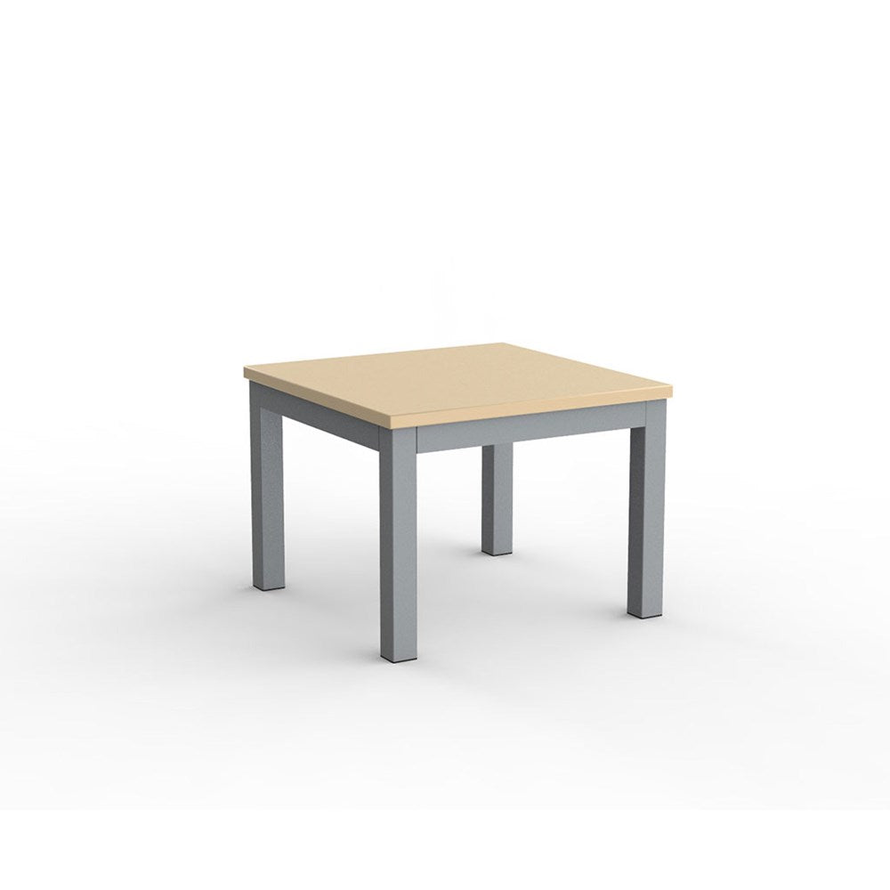 A square coffee table with a melamine top and white steel legs