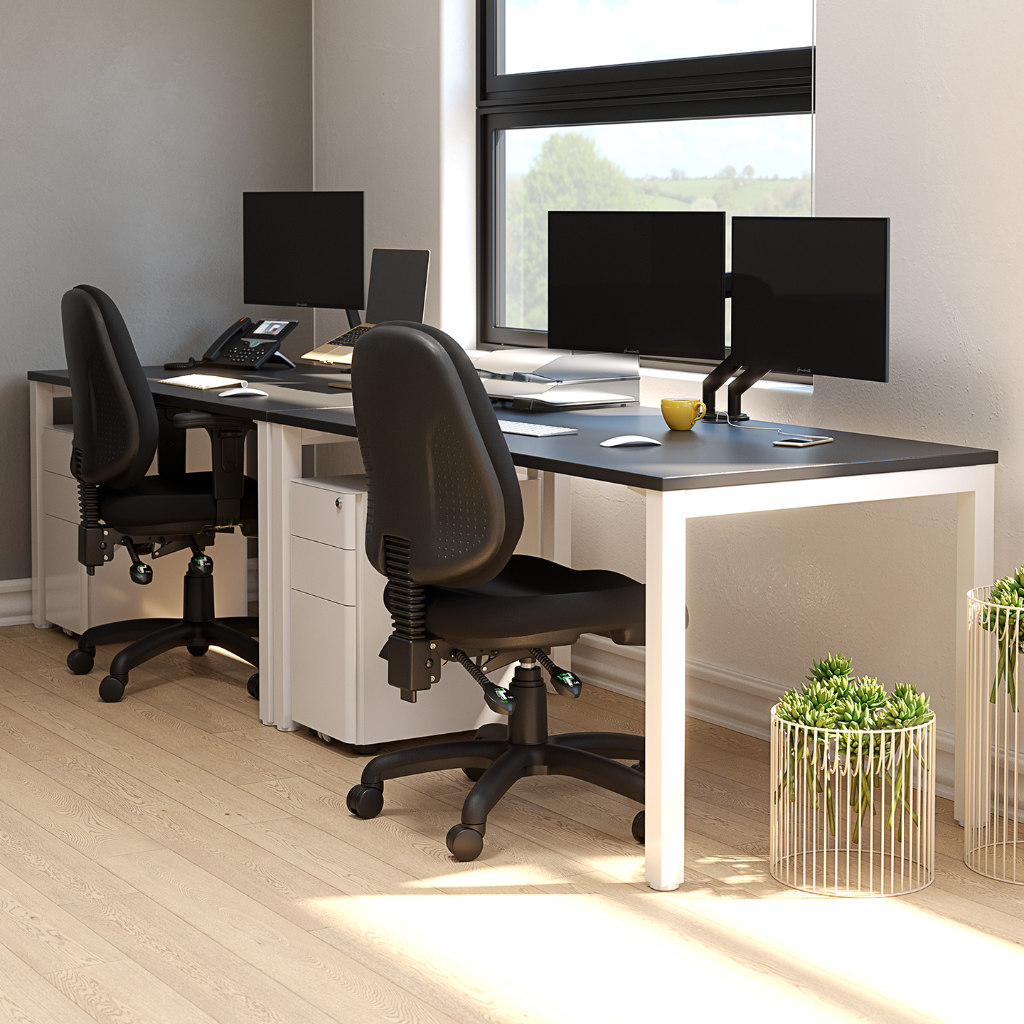 Modern office setup with a desk, chairs, and computer monitors.