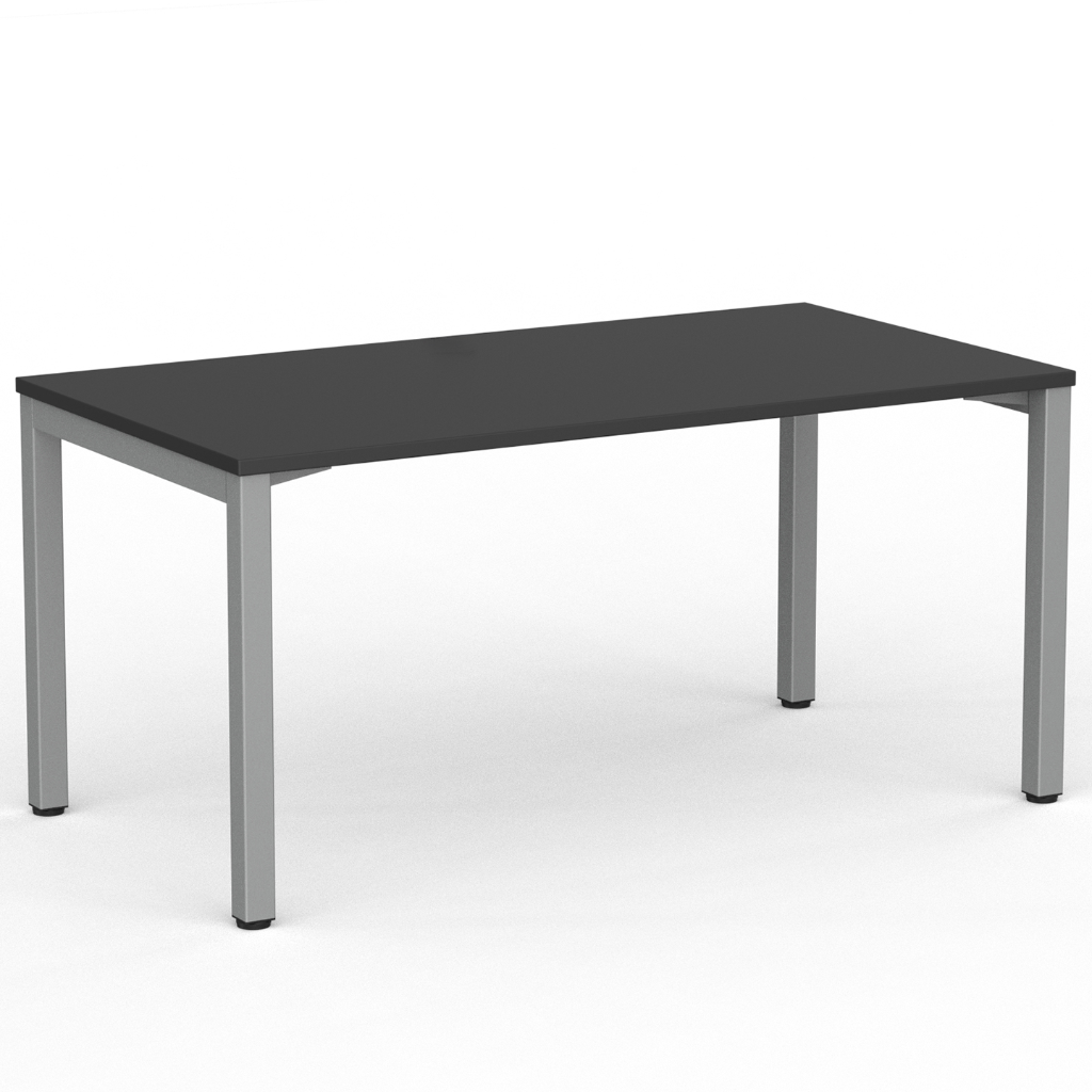 A rectangular desk with a dark gray top and silver metal legs, shown on a clean white background.