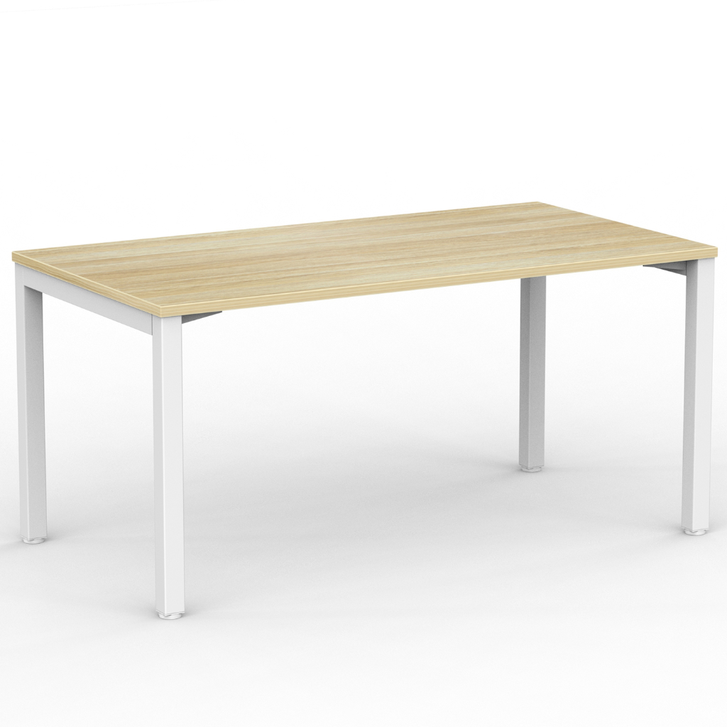 A rectangular desk with a light wood grain tabletop and white metal legs, shown on a clean white background.