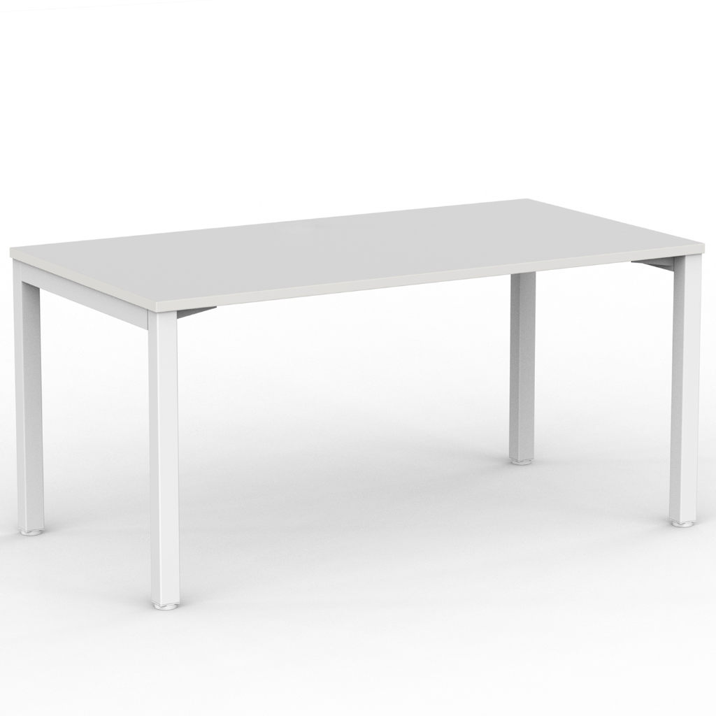 A minimalist rectangular desk with a light gray top and white legs, shown from a three-quarters perspective on a seamless white background.