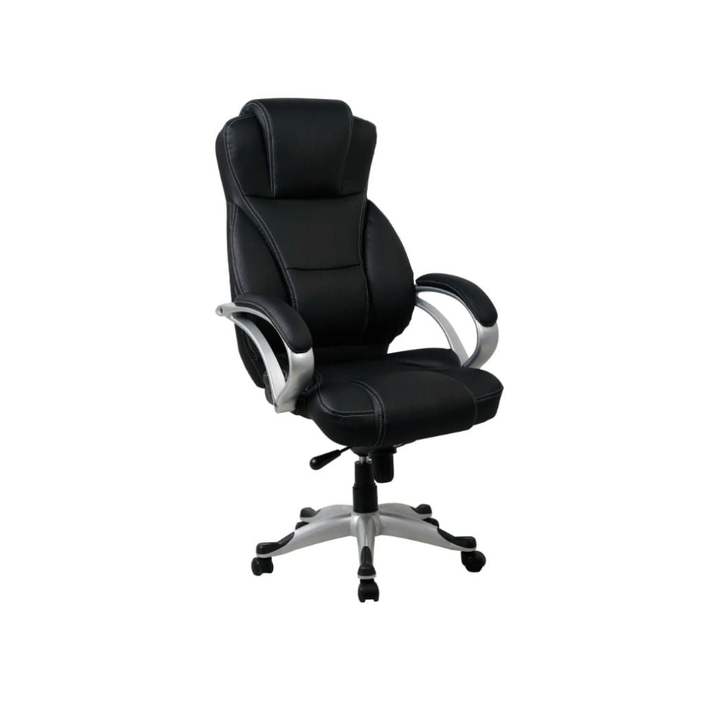 Black office chair with silver base on a white background