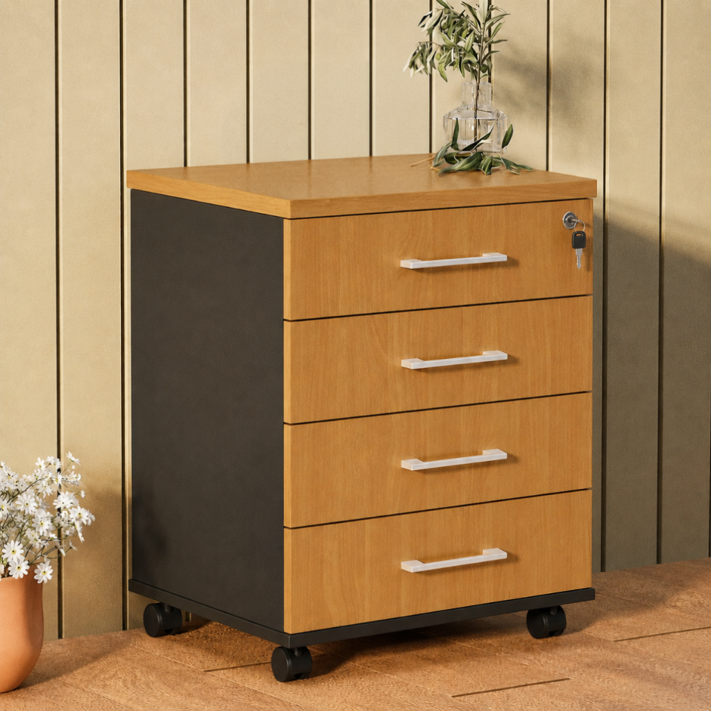 A 4-drawer mobile filing cabinet with a light oak wood-grain front, a dark charcoal side panel, and black caster wheels, shown against a beige wood-paneled wall.