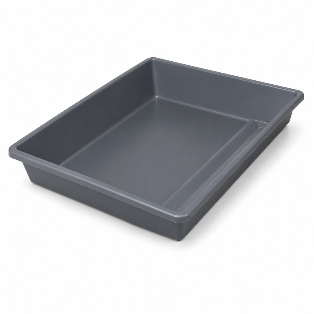 Grey plastic tray on a white background