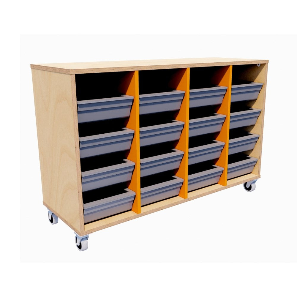 Wooden storage cart with multiple shelves on wheels