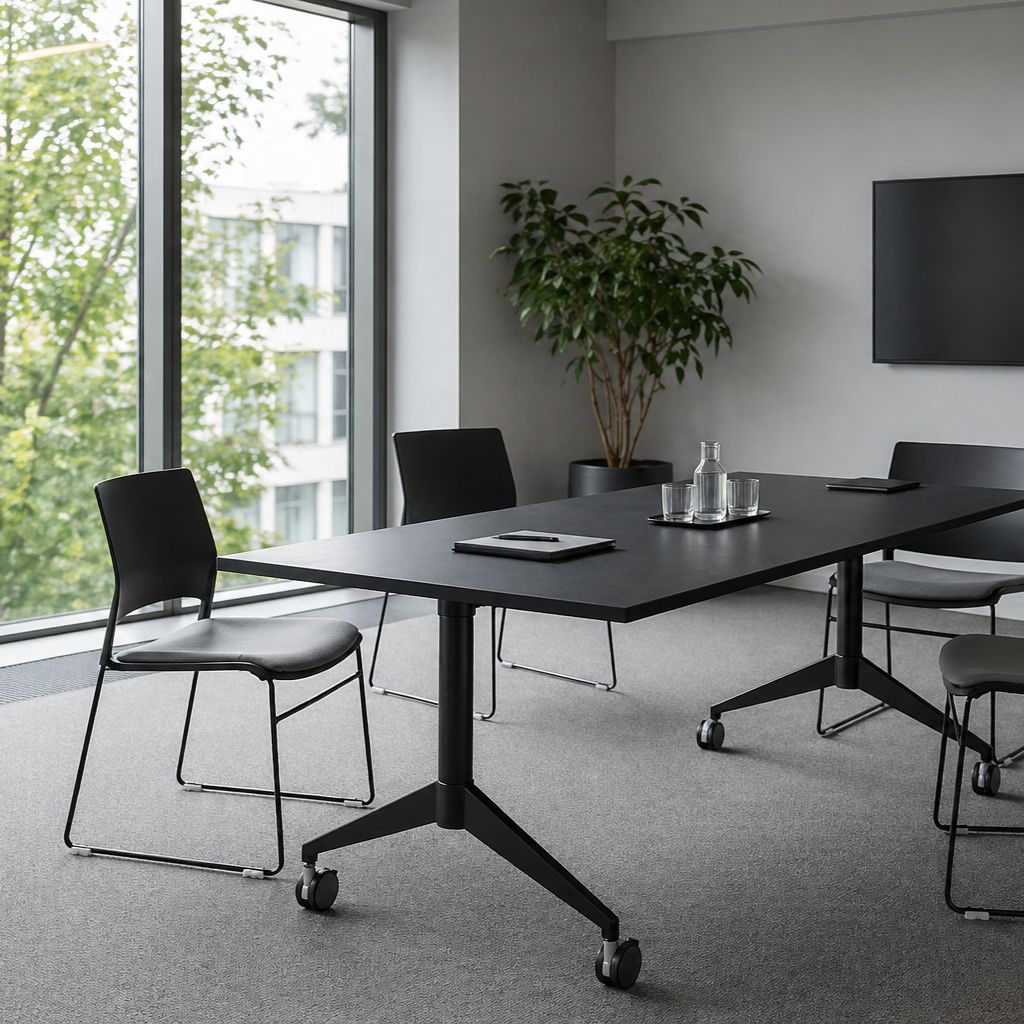 A modern black meeting table with rolling legs and matching black chairs in a bright, minimalist conference room with a large window and potted plant.