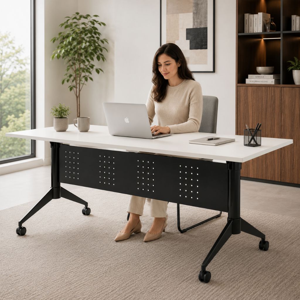 A woman sits at a modern white desk with a black metal frame and caster wheels, working on a laptop in a bright, contemporary home office.