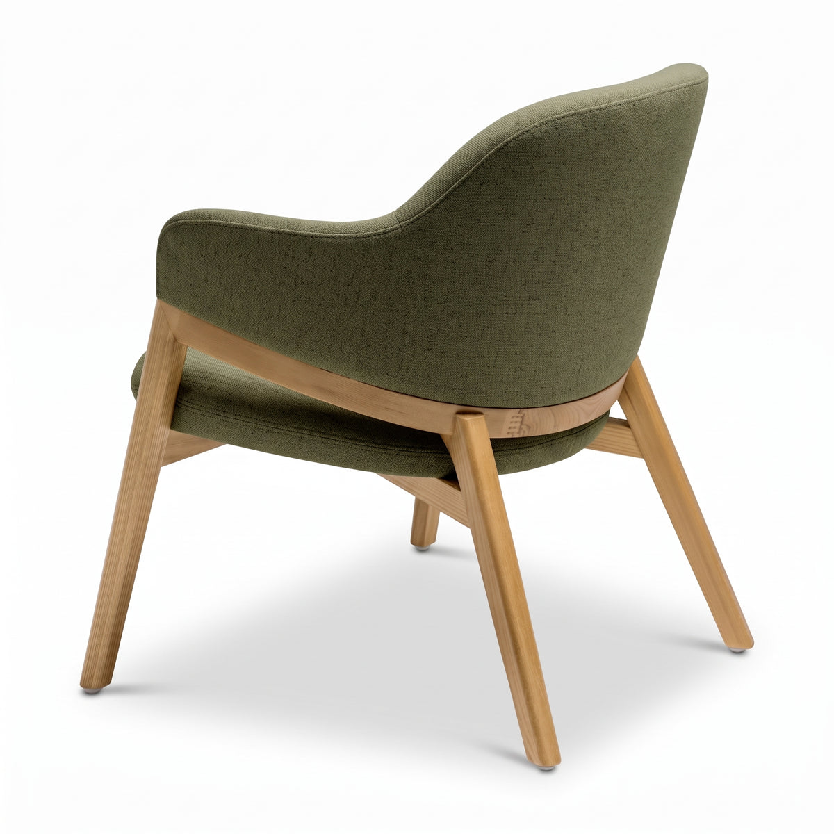 sage colour armchair with wooden legs, back side of the chair