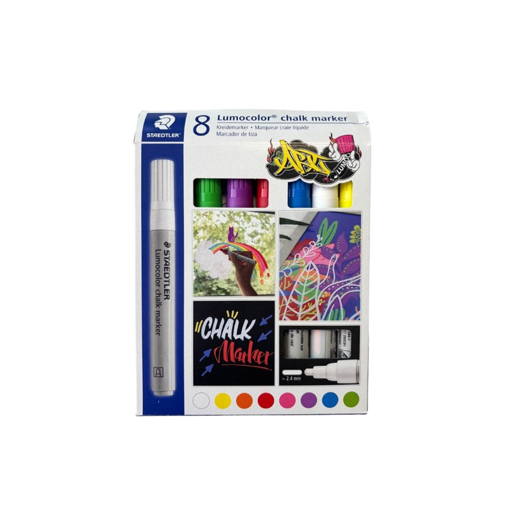 Lumocolor Chalk Marker packet with different colours with white background